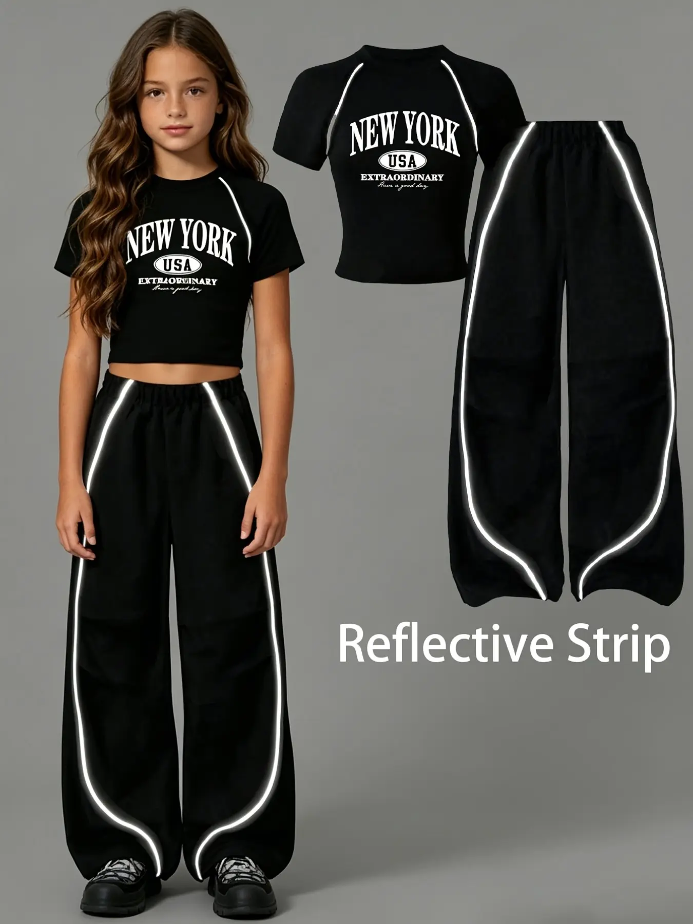Girls' Summer Sporty Letter Print Knit Short Sleeve Top and Straight Pants Set, Summer Outfits Set, Casual Fashion Kids, Suitable for Spring Autumn