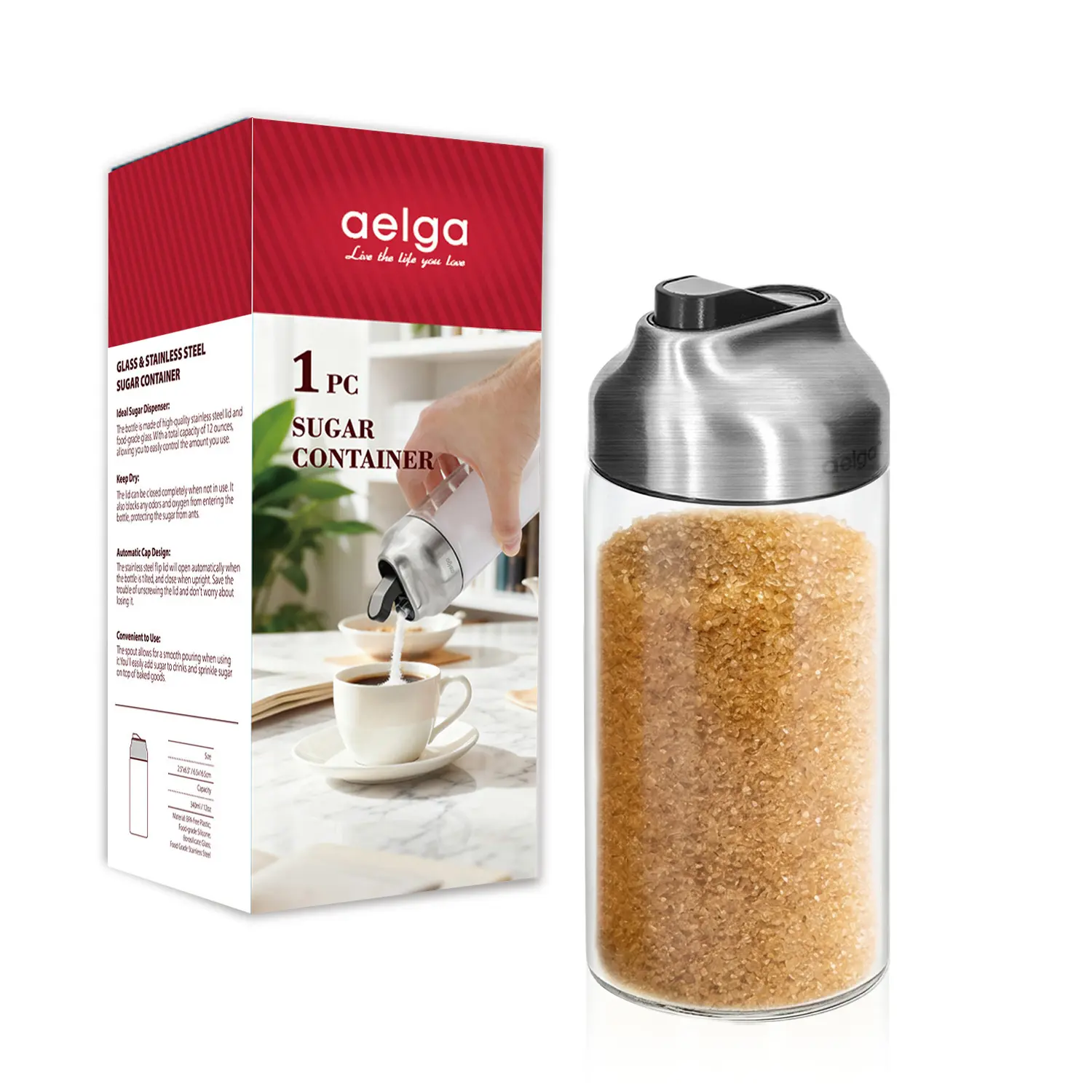 Aelga Glass Sugar Dispenser with Pour Spout, Weighted Pourer, Coffee Bar Accessories for Coffee, Tea and Baking