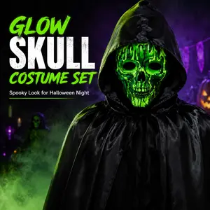 Glow Skull Mask Halloween Costume Set, Adult Luminous Skeleton Face Mask with Hooded Cloak for Party Cosplay