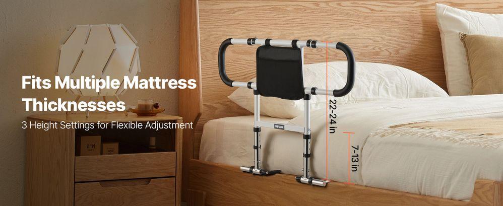 Bed Rail for Elderly, Foldable & Extendable Bedside Assist Rail with Side Handles & PU Handrail, Adjustable Height Carbon Steel Pipe Bedside Cane, Senior Bed Bar Fits King, Queen, Full, Twin