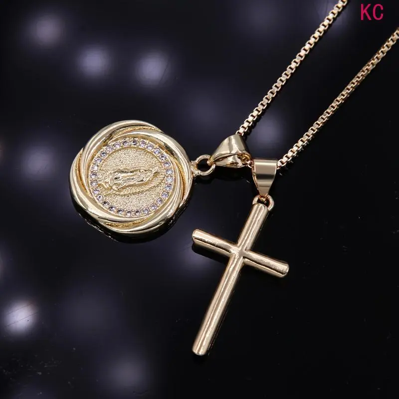 Zircon Inlaid Virgin Mary Cross Pendant Necklace, Minimalist Fashion Neck Jewelry For Women Daily Outfit Matching