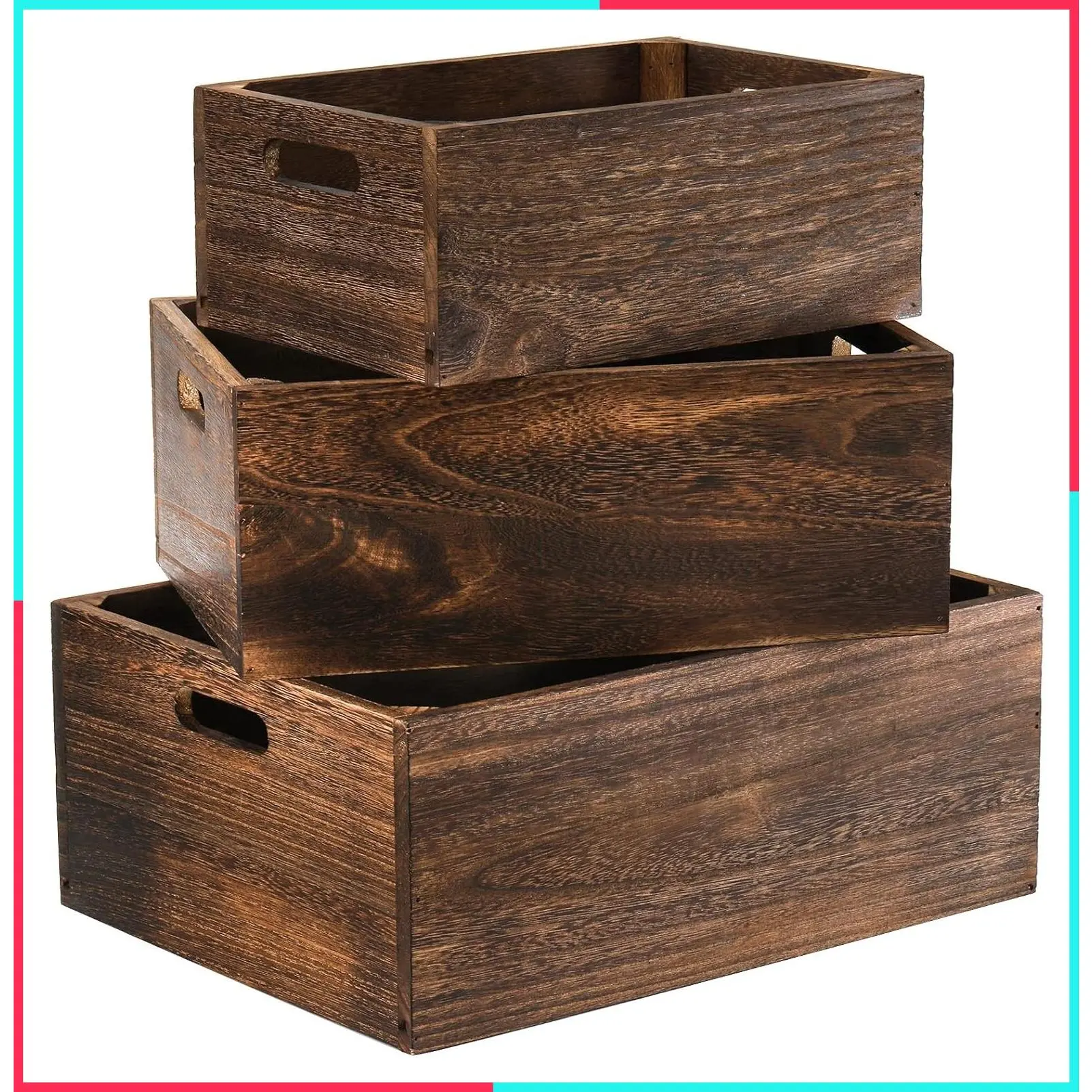 Set of 3 Nesting Wooden Storage Crates with Handles, Decorative Farmhouse Wood Storage Containers, Rustic Handmade Natural Solid Wood Baskets