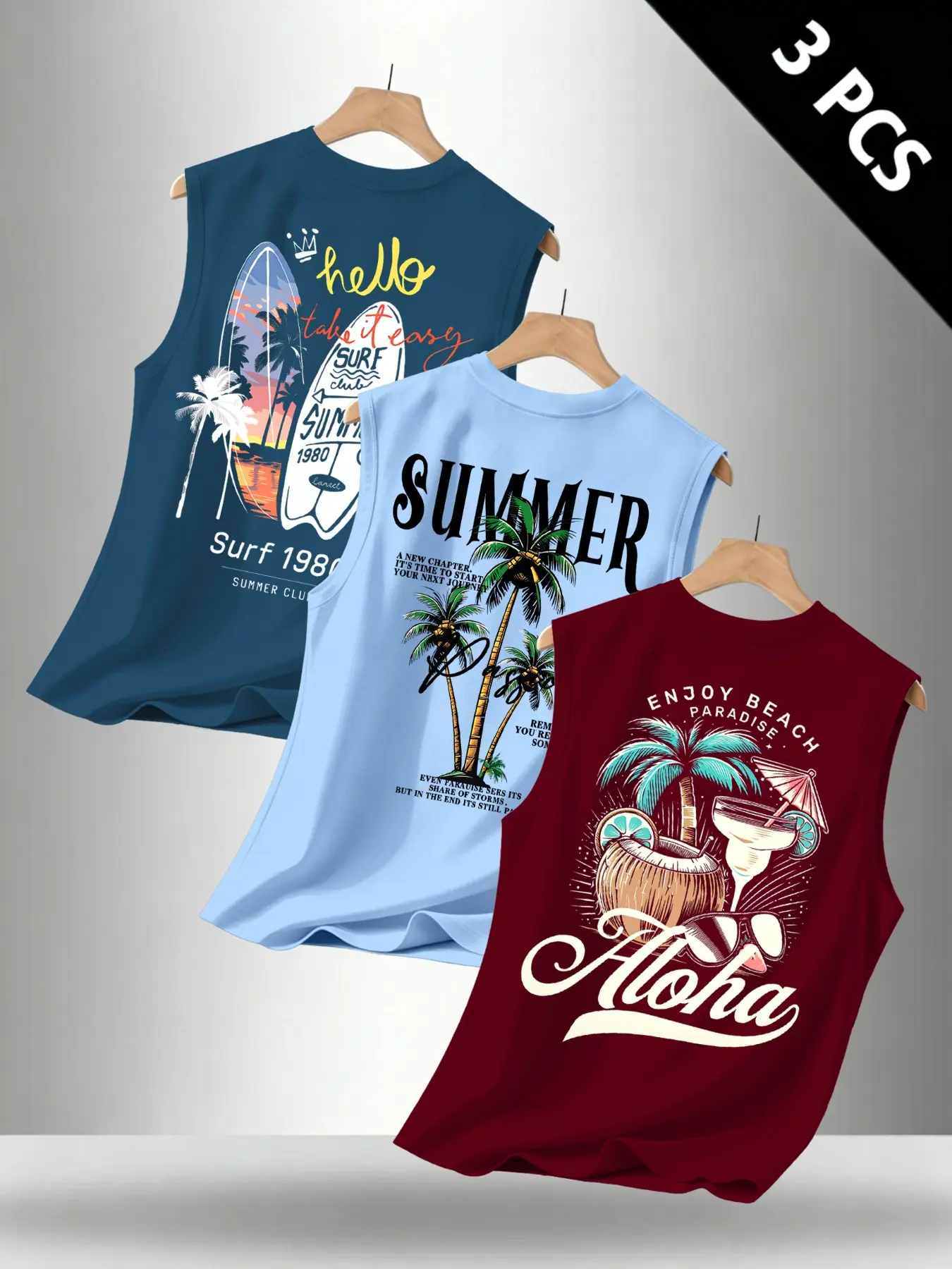 Men's Summer Tank Top Loose 3-Pack, Coconut Tree Letter Graphic Print Sleeveless Shirt, Casual Tropical Vacation Style, Menswear, Perfect for Hot Weather