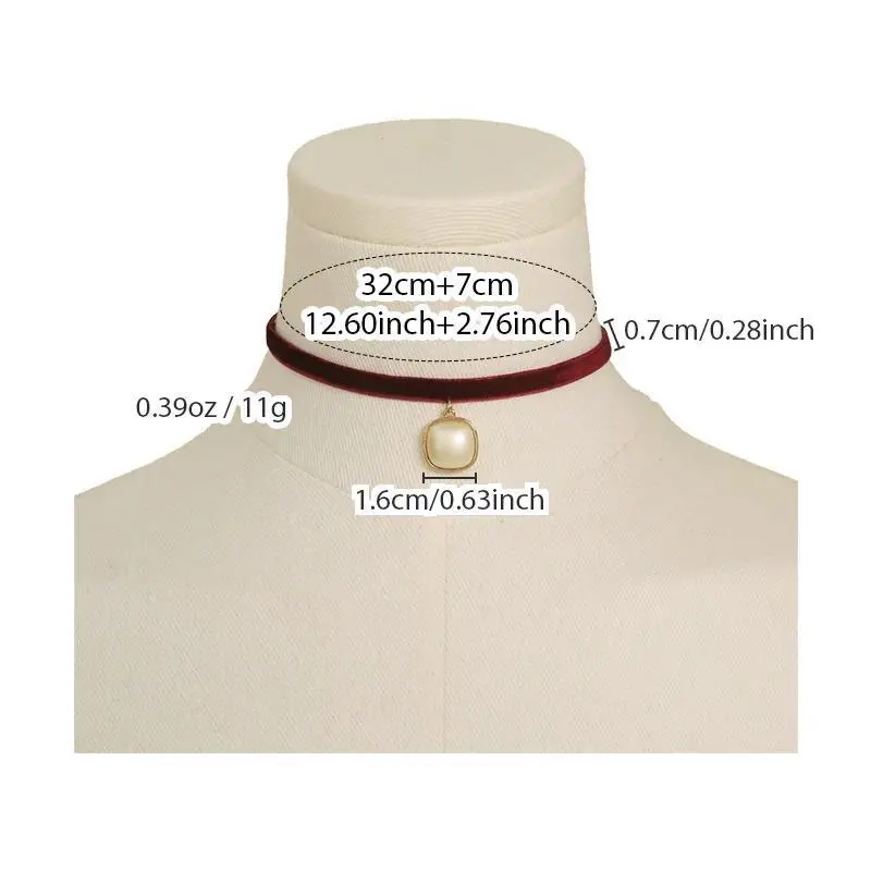 Sweet and Stylish Square Pearl Pendant Burgundy Velvet Necklace Elegant and Unique Short Choker Necklace