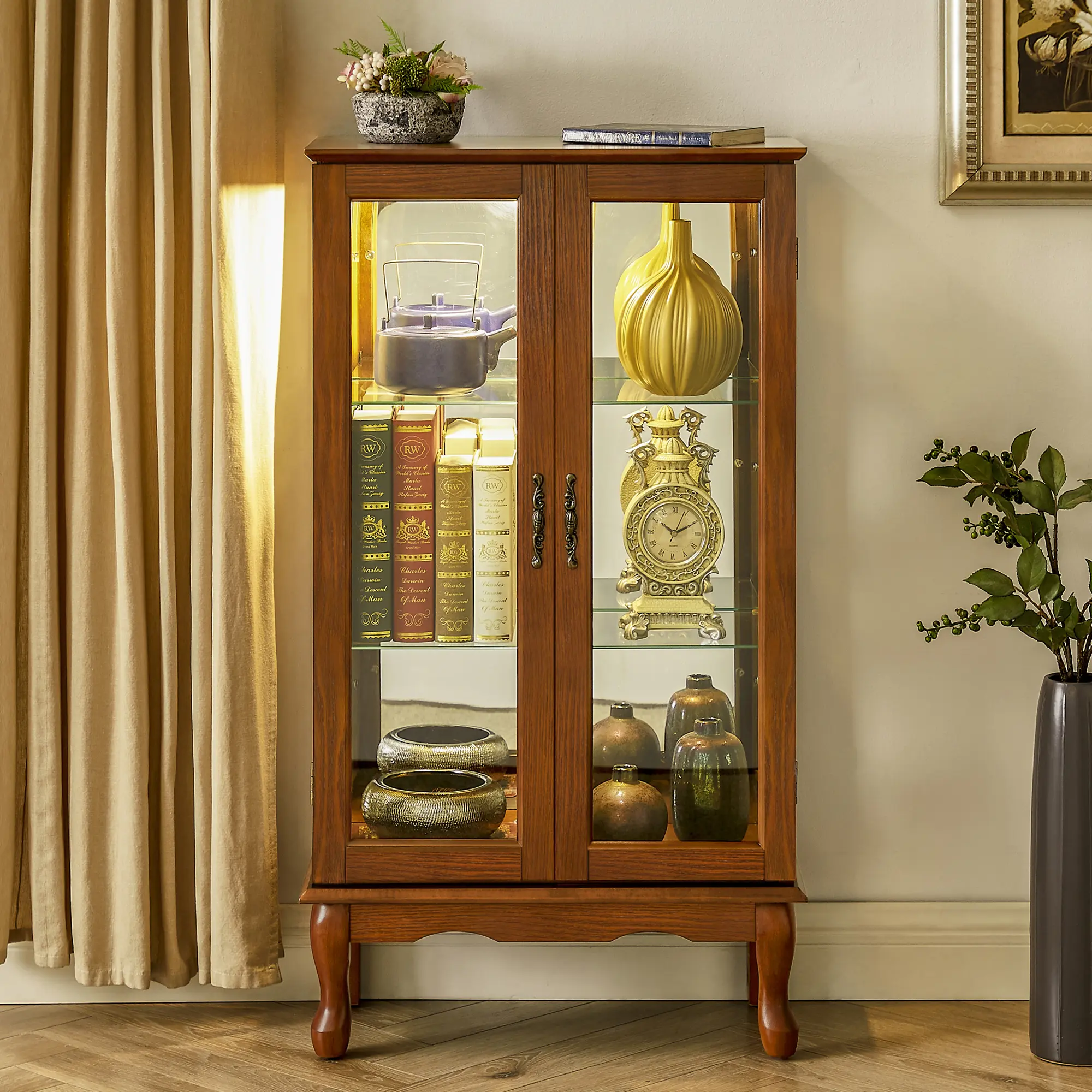 ARCH Lighted Curio Cabinet with Adjustable Glass Shelves and Mirrored Back Panel, Tempered Glass Doors, Oak Finish, 3-Tier Display Cabinet for Living Room, Home Decor, Collectibles Storage, 43.5H x 26W x 11.75D, E26 Bulb Not Included