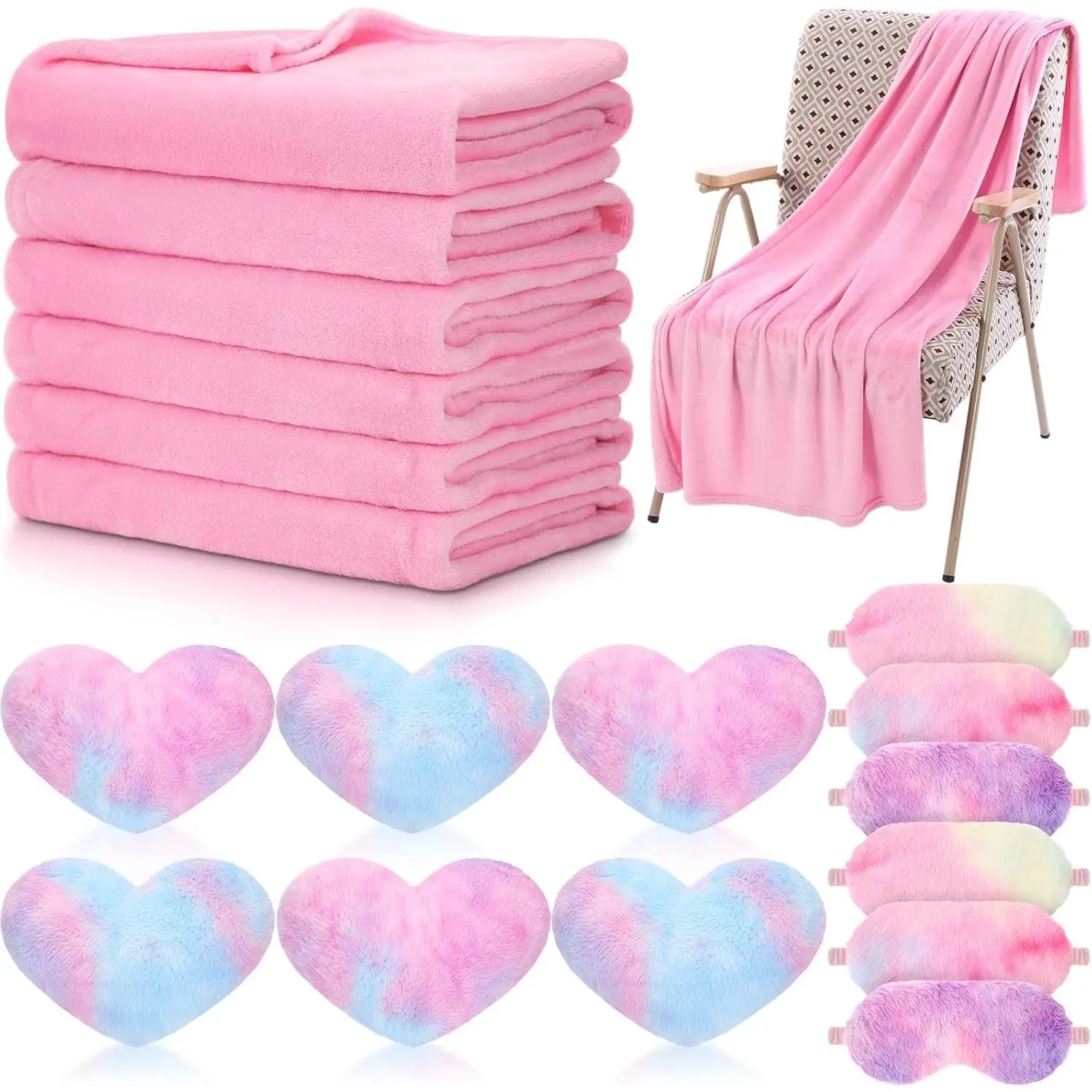 18 count  Sleepover Party Supplies Set for Girls Fleece Soft Blankets  Heart Throw Pillow Plush Sleep Eye Mask for  Camping Birthday Favors(Light ,Rainbow Colors)