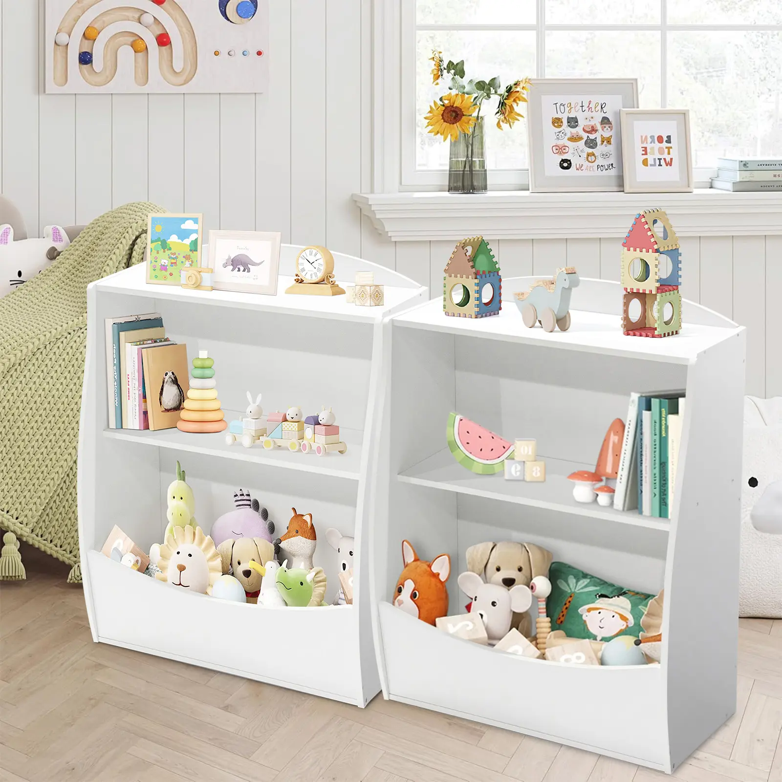 2-Tier Wooden Kids Bookshelf & Toy Organizer - Classic Multi-Shelf Cubby Storage