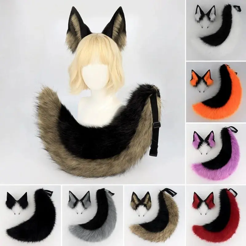 2Pcs/set Animal Fursuit Ears Tail Halloween Party Cosplay Headwear Plush Beast Wolf Tails Fox Ears Hair Band Furry Dog COS Tail