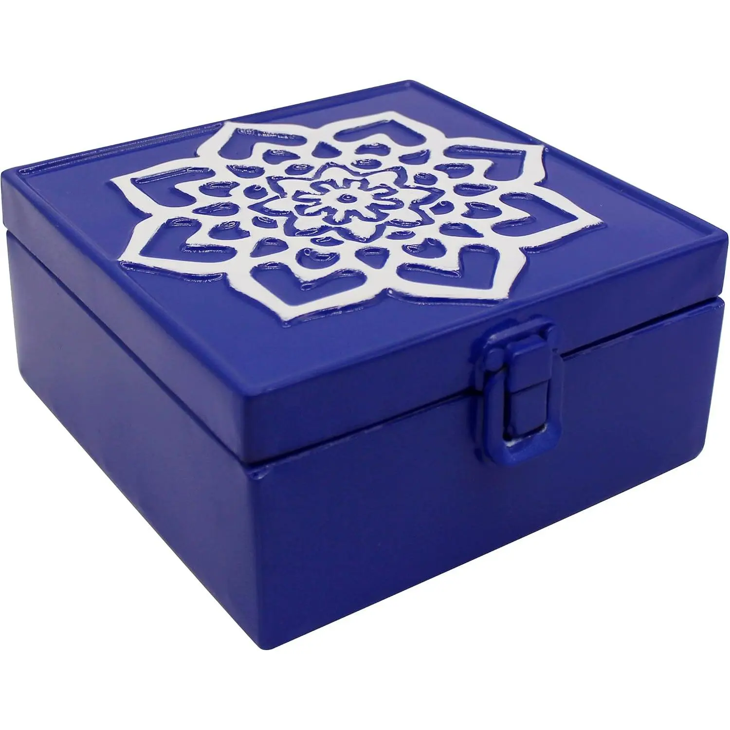 Rustic Metal Decorative Box  Galvanized Storage Box with Lid and Hinged Square Stash Boxes for Photos, ,  and Gifts. Blue