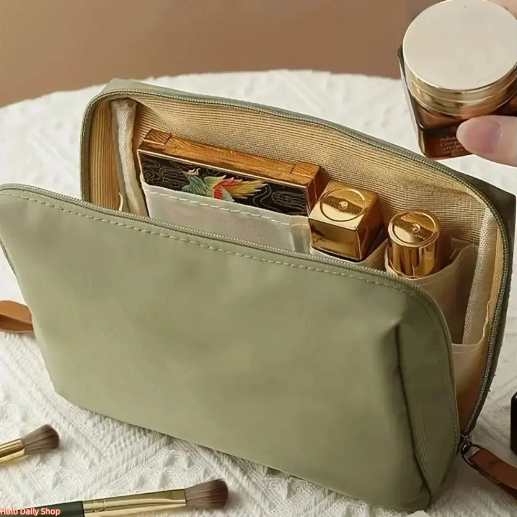 Synthetic Cosmetic Pouch with Built-in Organized Slots, Compact Lightweight Cosmetic Bag for Purse, Secure Zipper for Travel/Gym, Makeup