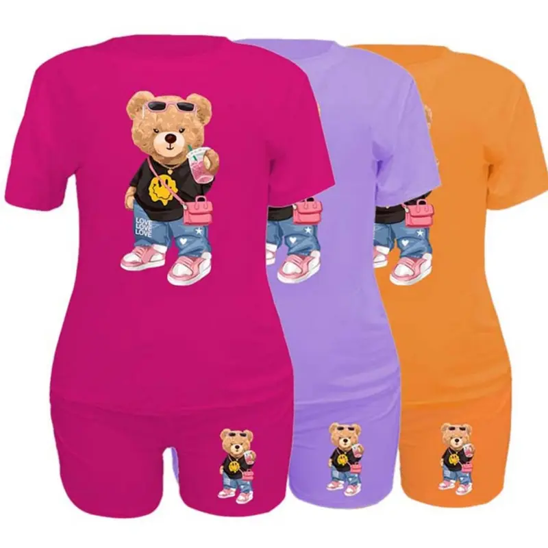 Women's Cartoon Bear Smile T-Shirt Set, Short Sleeve Top & Shorts, Casual Fitted, All-Seasons Wear, Classic Color Scheme, Shorts And Tops