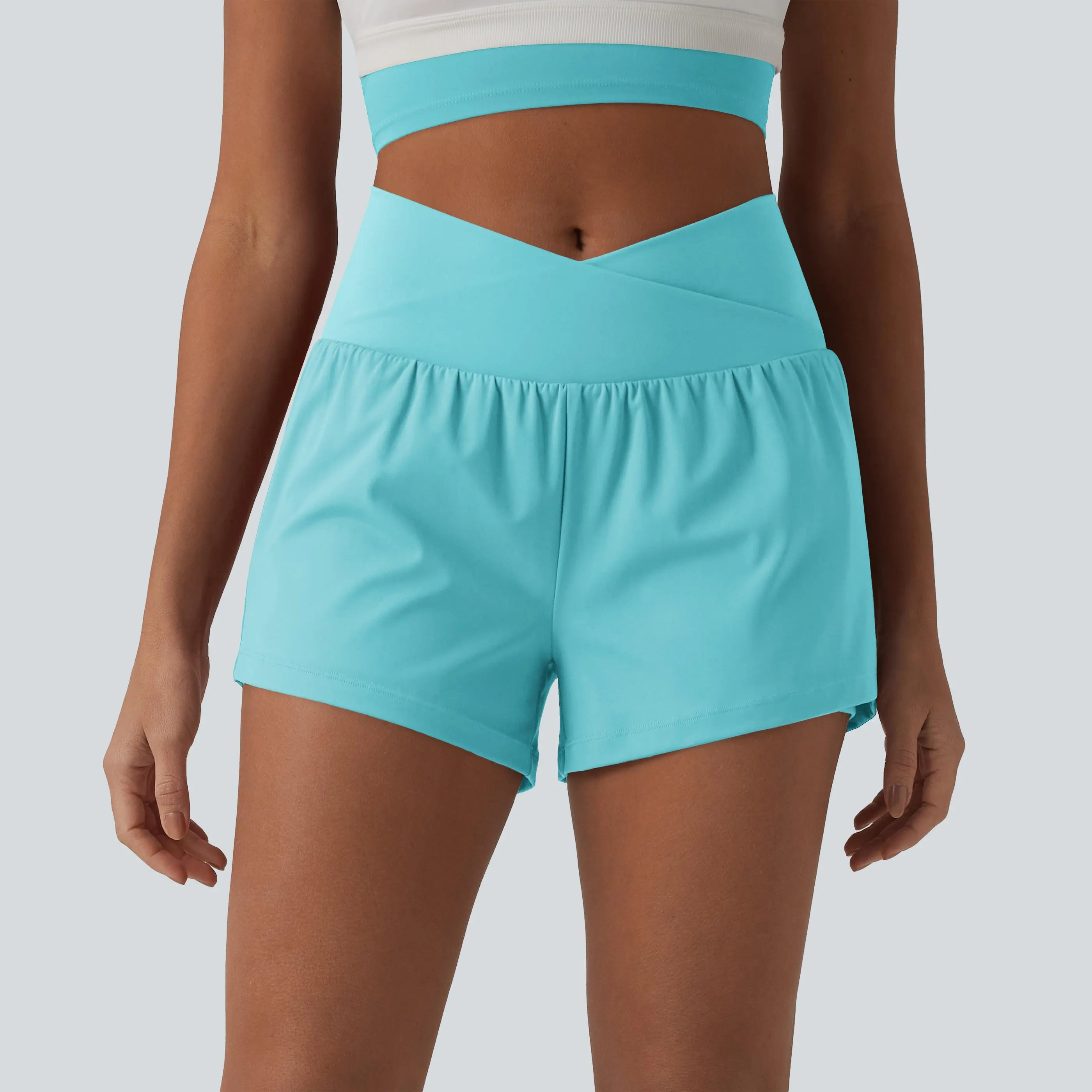 Halara SoftlyZero Airy Crossover High Waisted 2-in-1 InstantCool Yoga Shorts 3'' with Pockets