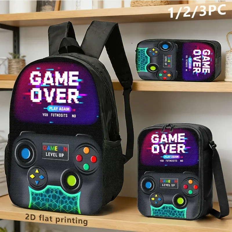 17 in Oxford Cloth Backpack Set - 1pc/3pcs with 'GAME OVER' Pixel Art, Controllers & 2D Printing, Ideal for Tech Lovers & Tech Enthusiasts for Commuting, Study, Backpacks for School, School Gifts, Birthday Gifts