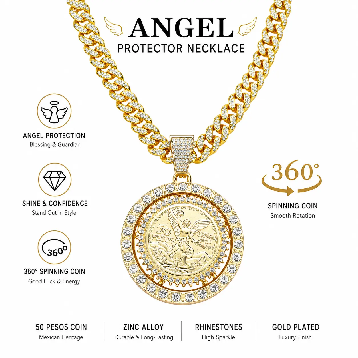 Mexican 50 Pesos 14K Gold Plated Centenario Pendant Necklace, Vintage Cuban Link Chain 20 Inch - Unisex Religious Symbol Jewelry, necklaces for men,talisman necklace,angel,youngla