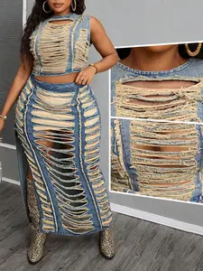 Women's Plus Size Trendy Style Handmade Ripped Denim Tank Top, Front Tie Strappy Design, Versatile Casual, Matching Denim Clothes