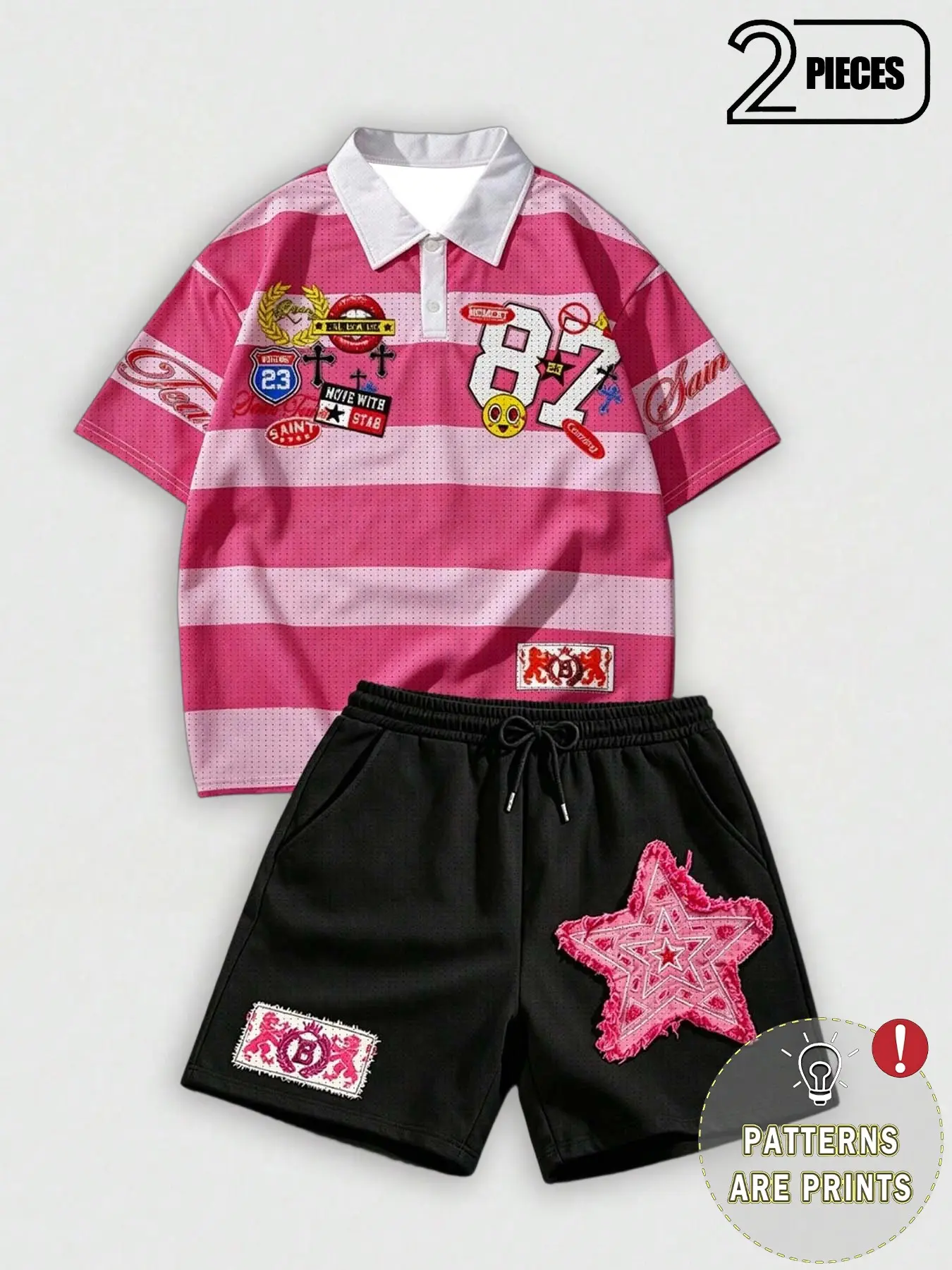 2 Piece Set Unisex Y2K Streetwear Street Style Striped Mesh, Polo Shirt + Shorts, Chest Logos & Number 87 Print, Loose Fit