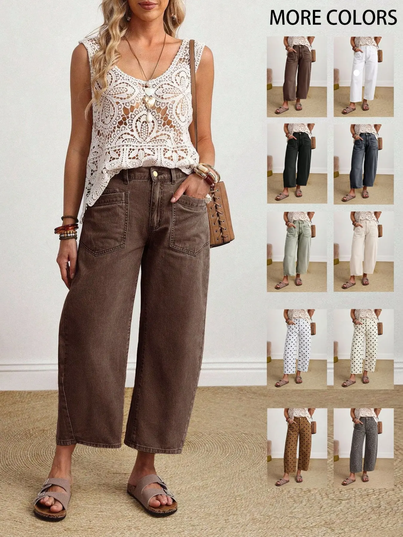 Coffee Color Patch Pocket Lantern Jeans, Casual Comfy Jeans, High Waist Baggy Loose Fit Retro Vacation Style Casual Pants