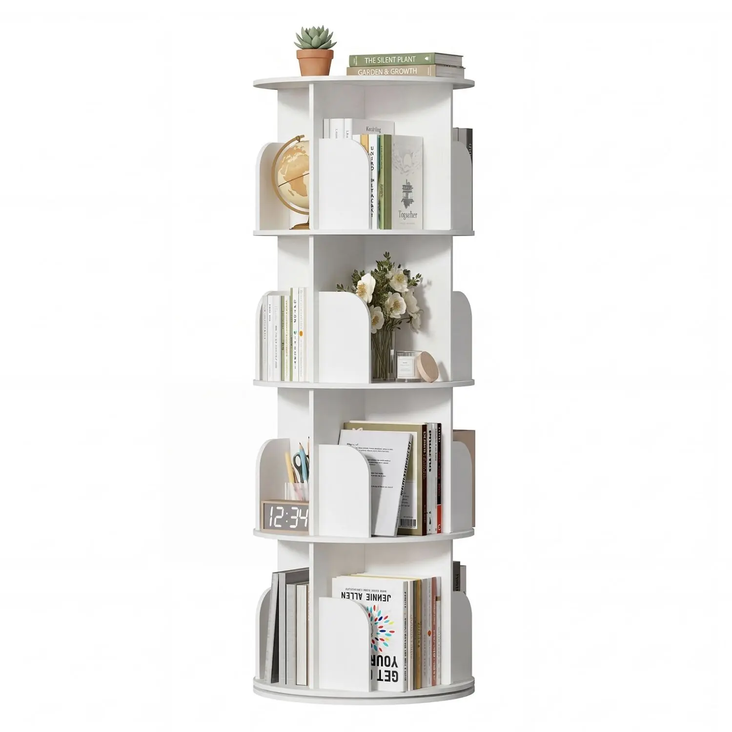 3/4 Tier 360 Degree Rotating Book Tower Revolving Round Bookshelf Vertical Spiral Corner Bookcase Space Saving Storage Shelf for Bedroom Living Room and Home Office
