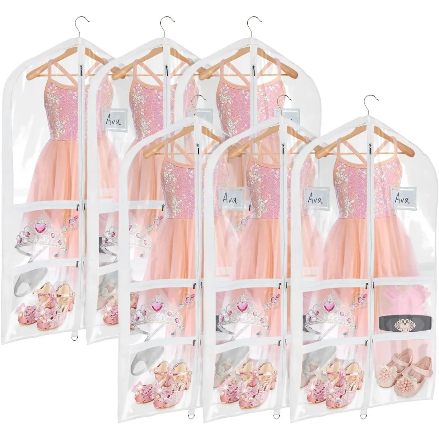Clear PVC Dance Costume Bags (6 Pack) Garment Bag 40 Inch for Dance Competitions, with 4 Medium Clear Zipper Pockets and 1 Large Back Zippered Pocket [Upgraded Version] (40'' x 24'' 6 Pack)