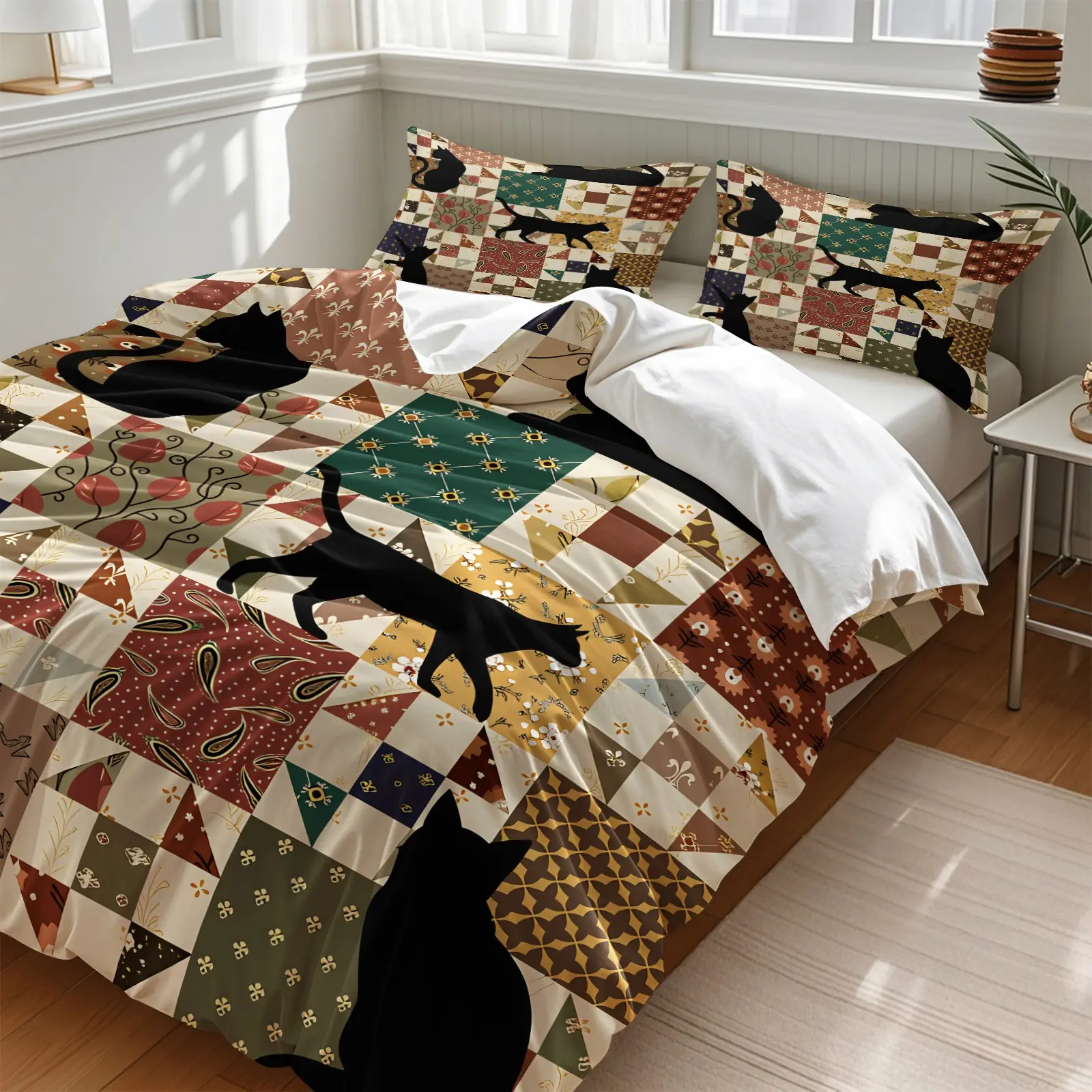 Bohemian Black Cat Patchwork Duvet Cover Set, Include One Comforter Cover and 1/2 Pillowcases, Vintage Floral & Geometric Cat Silhouette Print Quilt Cover, Rustic Farmhouse Bedroom Decor Bedding
