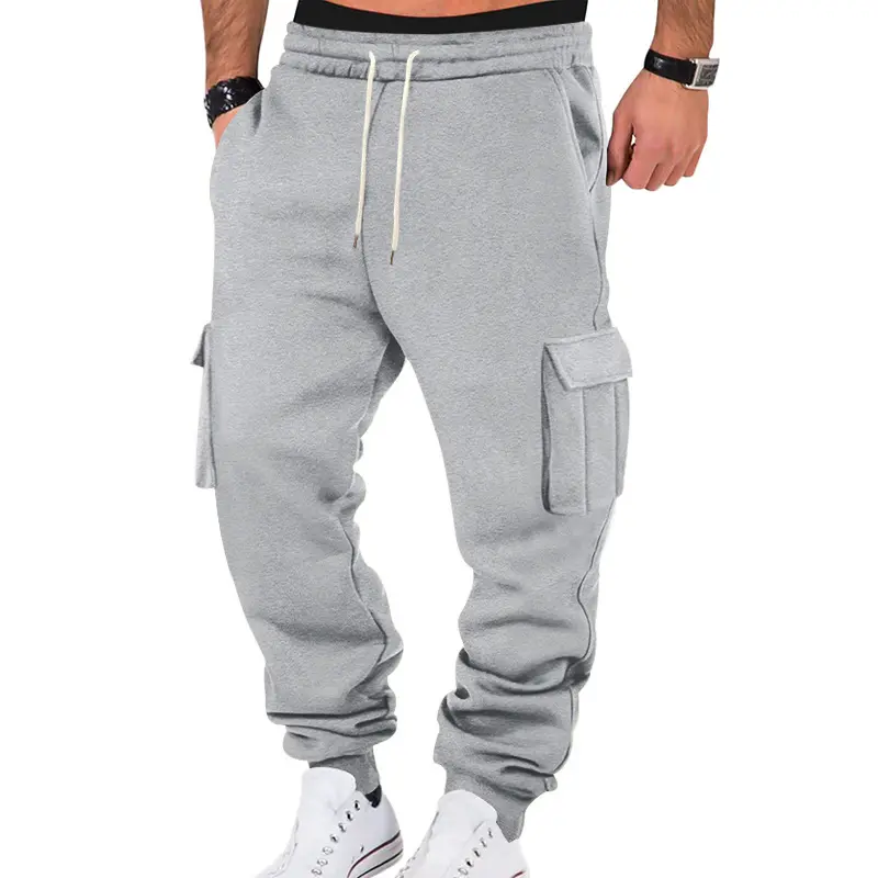 Men'S Fleece Lined Casual Cargo Pants, Multi-Pocket Drawstring Sports Long Trousers