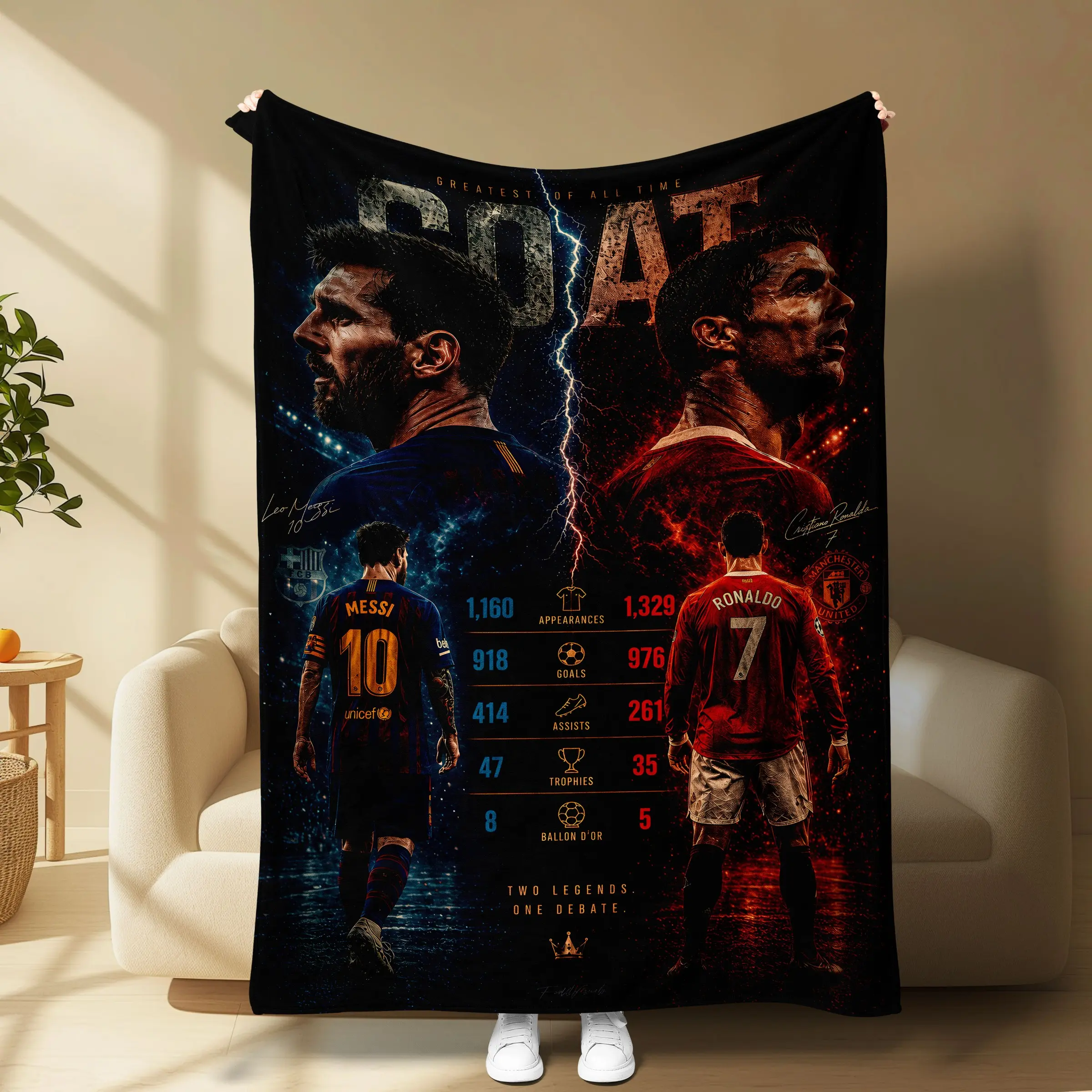 Goat Football Blanket, Messi Vs Ronaldo Soccer Legend Throw, Ultra Soft Flannel, Graphic Throw Blanket, Sports Fan Gift, Couch Bed Game Room Decor