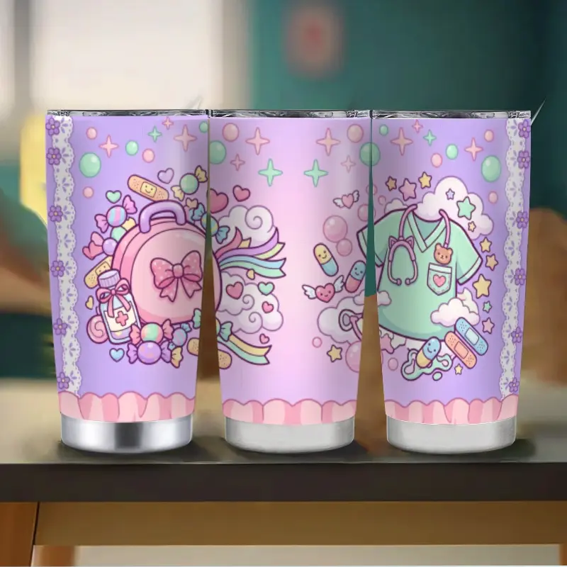 Kawaii Nurse Aesthetic Pastel Stainless Steel Insulated Tumbler with Straw and Sliding Lid, Cute Healthcare Scrubs and Medical Design Travel Coffee Cup, Perfect for Night Shifts, Nursing School, Hospital, and Graduation Gift for Nurses.
