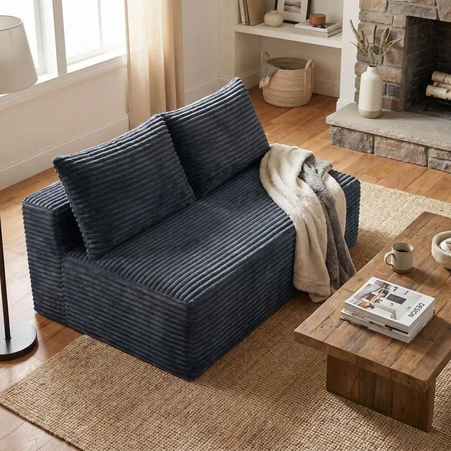 Camel Corduroy Ground-Hugging Compressed Loveseat, Armless No-Legs 2-Seater Sofa Living Room Small Apartment