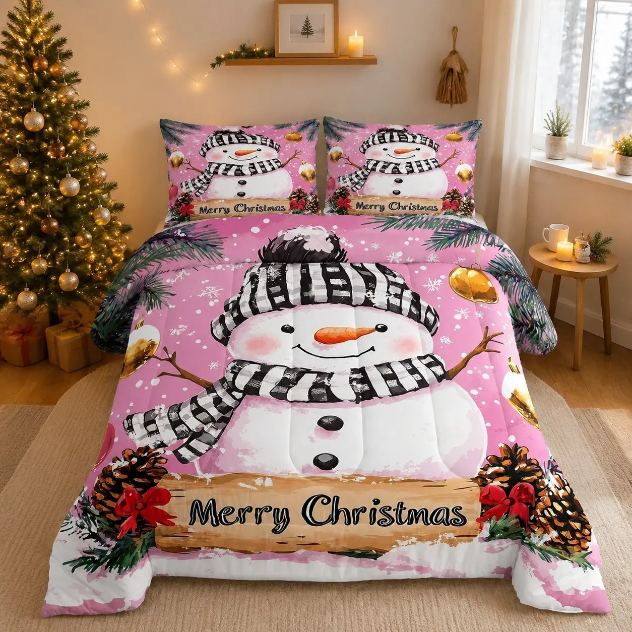 Christmas Comfort Bedding Set, Snowman Theme, Includes Two Pillowcases, Ultra-Fine Fiber, Soft and Lightweight, Ideal for Winter Bedroom Decor