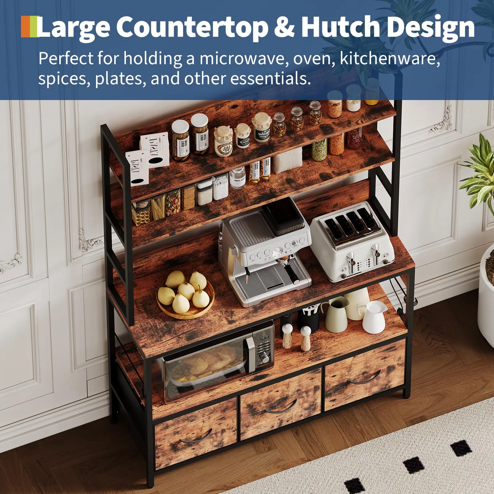 Garvee 5-Tier Baker’s Rack with Charging Station, Industrial Microwave Stand - Storage Cabinet & Drawers - Power Outlets with USB - 10 Hooks, Rustic Brown Coffee Bar Shelf