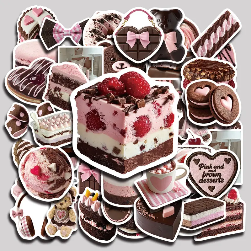 50PCS Pink Brown Desserts Aesthetic Vinyl Stickers Pack for Laptop Water Bottle Phone Case Skateboard Journal Scrapbook DIY Decoration