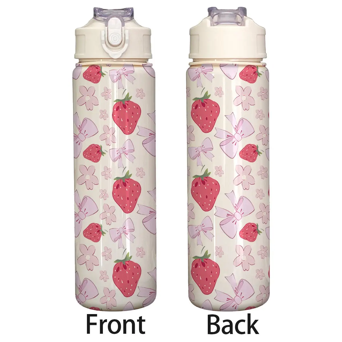 750ML Strawberry Bow Print Plastic Cup, Food Grade BPA-Free, Leak-Proof Portable Sports Water Bottle, Cold & Hot Use, with Strap, Ideal for Women