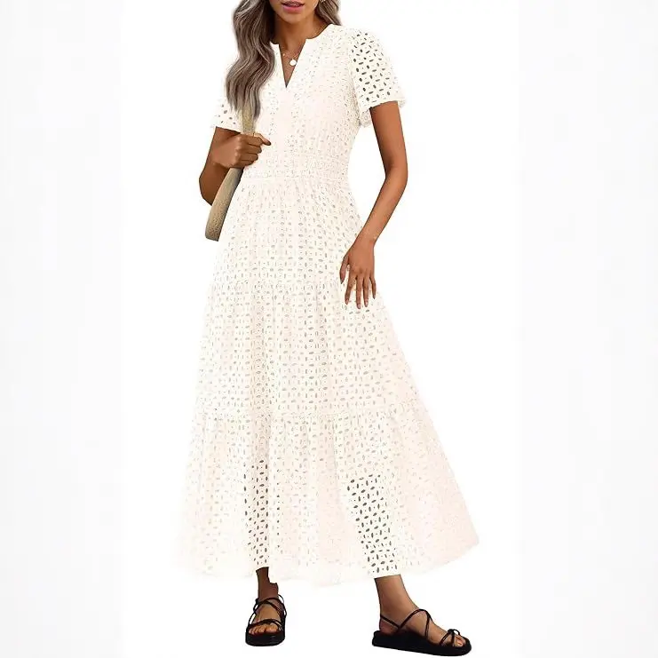 New super long dress short-sleeved V-neck hollow hole long elegant beach vacation dress