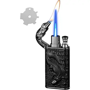 Lighter, Relief Crocodile Dual Lighter with Adjusting FlameTool, Cool Windproof Jet Lighters, Refillable Butane Lighters for Men Indoor(Butane)-Black Crocodile