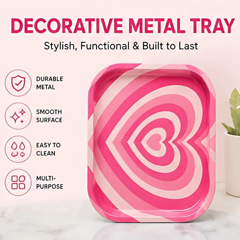 1Pc Pink Heart Decorative Metal Tray, Vintage Heart Design Rolling Tray, Small Vanity Tray for Jewelry, Keys, Cosmetics, Decorative Organizer Tray for Bedroom, Bathroom, Desk Decor, Bathroom Decoration Supplies
