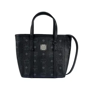 MCM Toni Classic Monogram Coated Canvas and Nappa Leather Tote Bag for Women, Minimalist Black