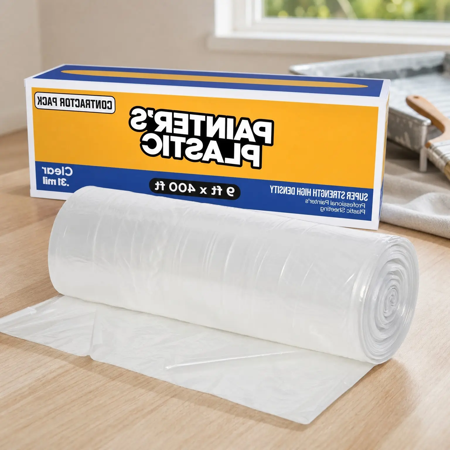 High Density Painters Plastic Sheeting Roll, 400 ft x 9 ft, Dispenser Box with Hole for Easy Paint CoveringGift