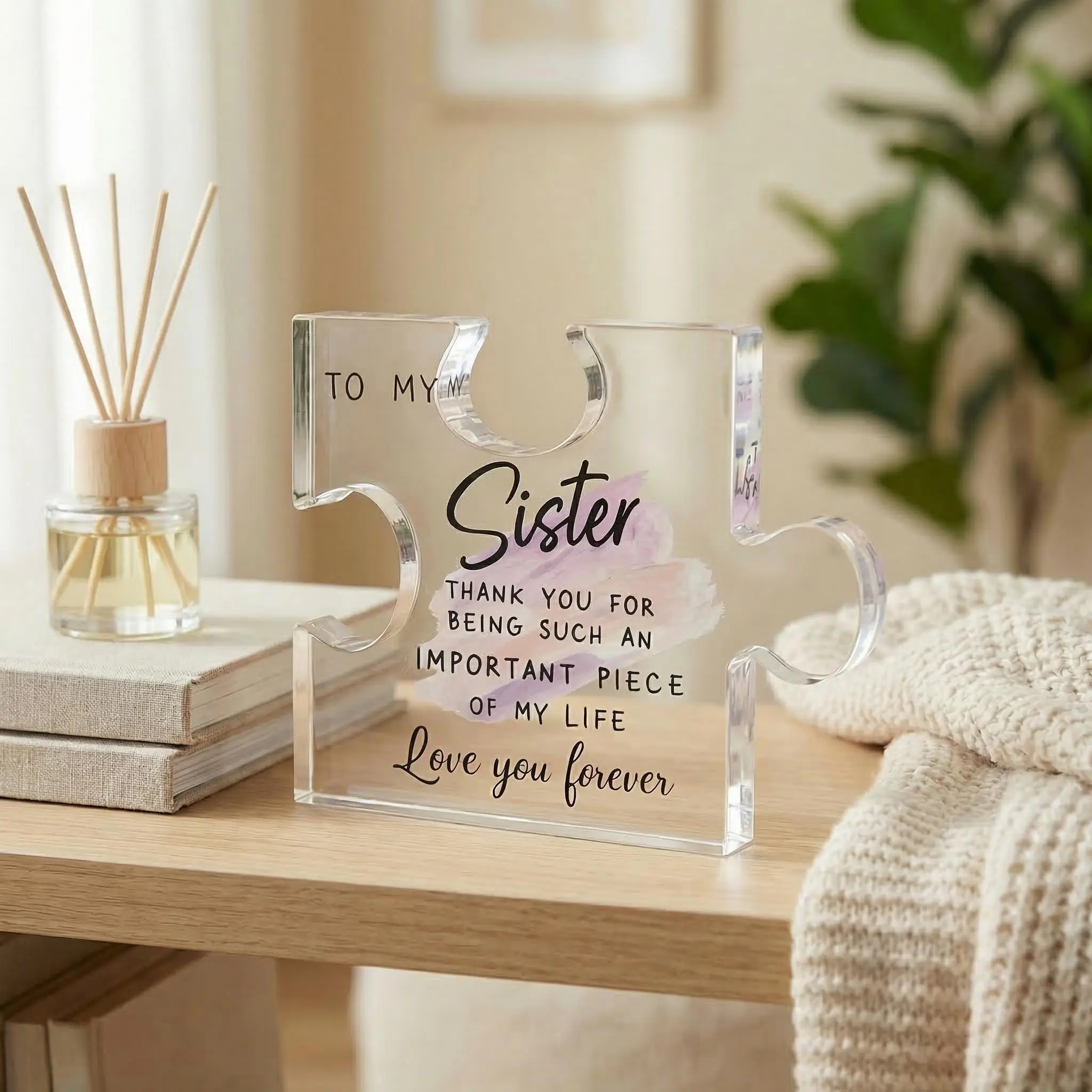 "To My Sister" Transparent Lightweight Acrylic Jigsaw Puzzle Personalized Plaque - Sentimental Tabletop Decor Keepsake, Sister Gifts for Graduation, Birthday, Desk Decor