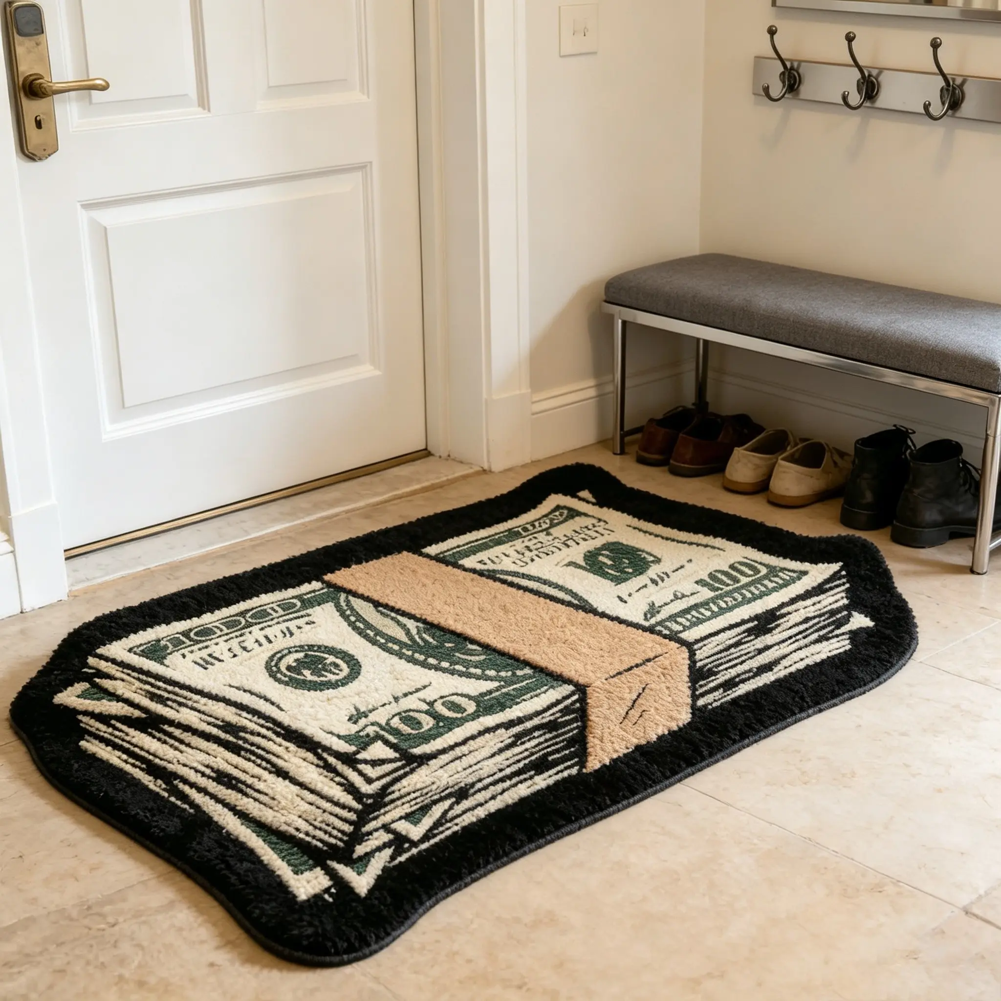 Dollar Bill Style Door Mat, Creative Money Bundle Design, Soft Comfortable Rug, Hand Wash Only, Home Decor for Entryway Living Room Bedroom