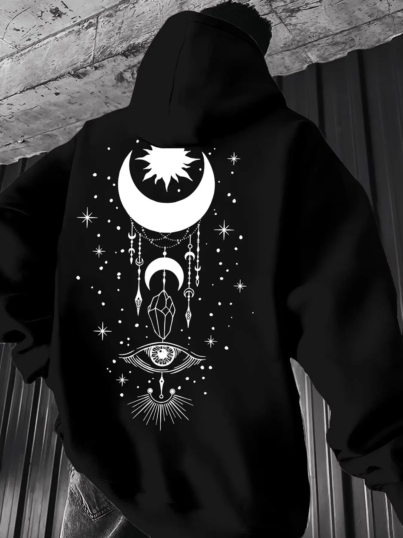 Men’s Dark Gothic Witchy Mystic Oversized Hoodie, Black Drop Shoulder Pullover Sweatshirt With Large White Thin Line Celestial Graphic Print On Back, Sun Crescent Moon Crystal All Seeing Eye Occult Symbol Design, Loose Long Sleeve Streetwear Top for Y2K S