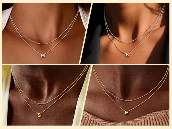 PROSTEEL Double-Layer Letter Necklace for Woman Golden Steel with Polished Letter A-Z Pendants Fine Chain (Bead Chain 14" & Rolo Chain 16"), 2" Extender Chain