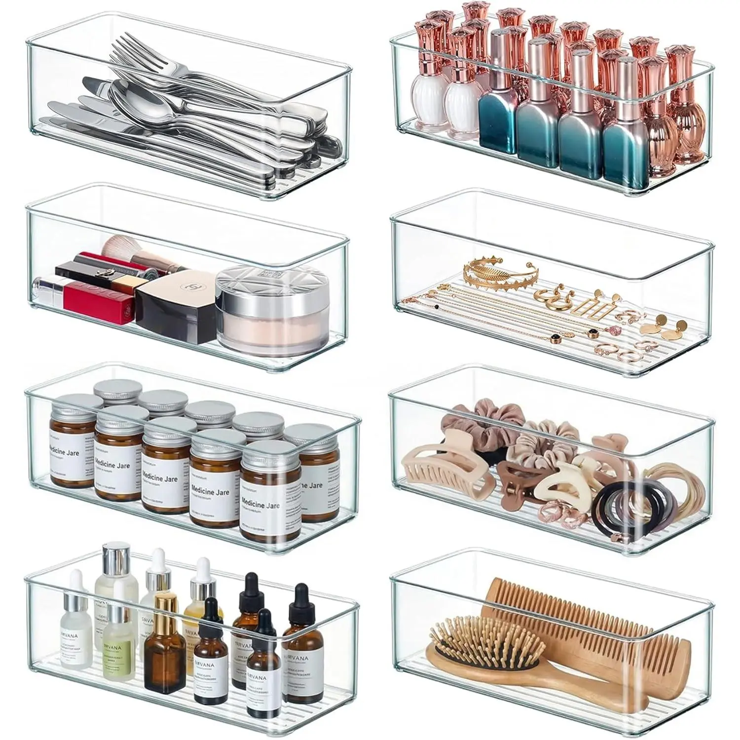 8 PACK Drawer Organizers Deep Drawer Organizer Bins Silverware Organizer Clear Stackable Storage Bins for Bathroom, Pantry, Office, Vanity, Desk Organization and Storage