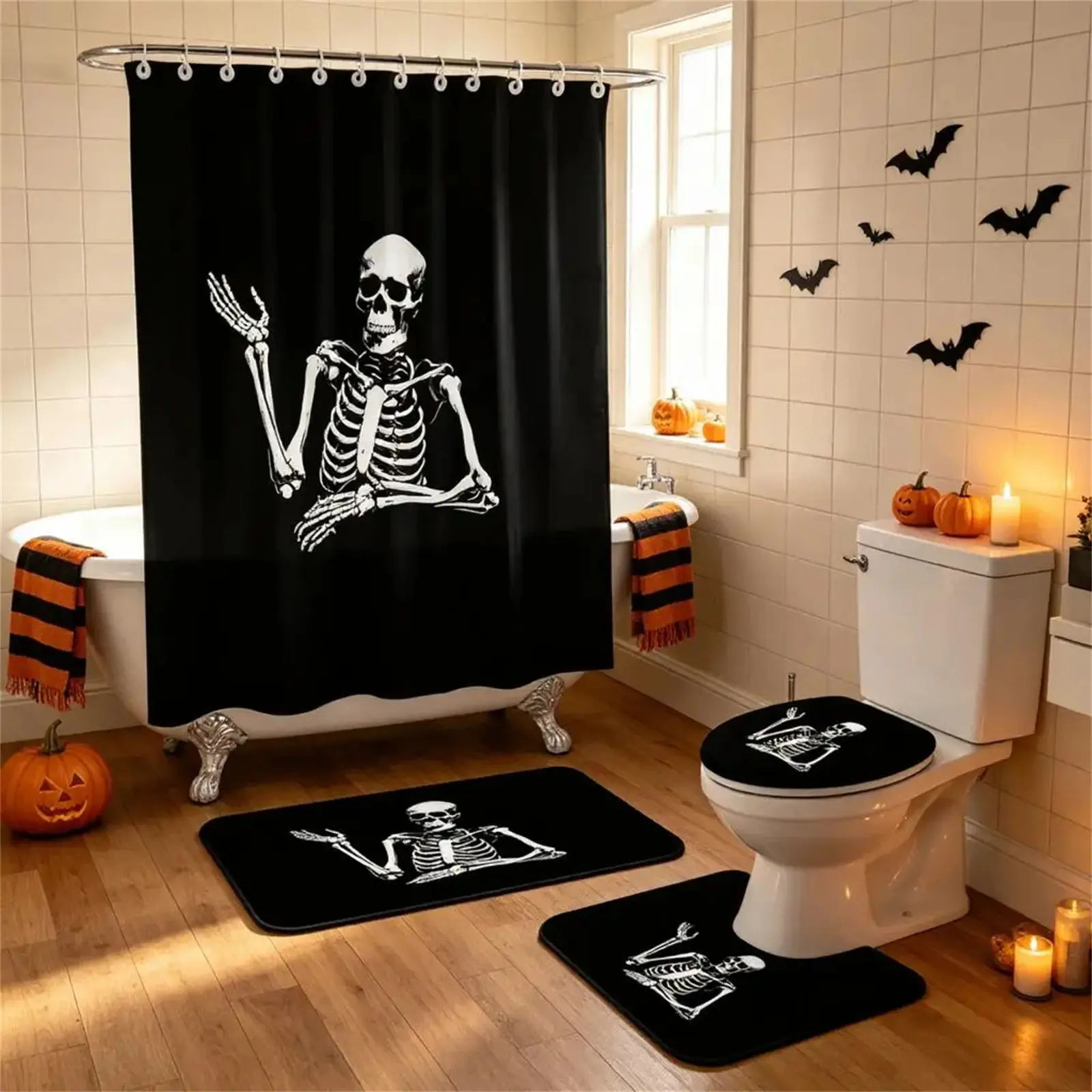 4-in-1 Skeleton Bathroom Accessories Set, Waterproof Shrugging Skeleton Shower Curtain with 12 Hooks, Non-Slip Bath Mat, Contour Rug & Toilet Lid Cover, Funny Spooky Gothic Home Decor,Spooky Dark Gothic Home Decor, Novelty Housewarming Gift casual style