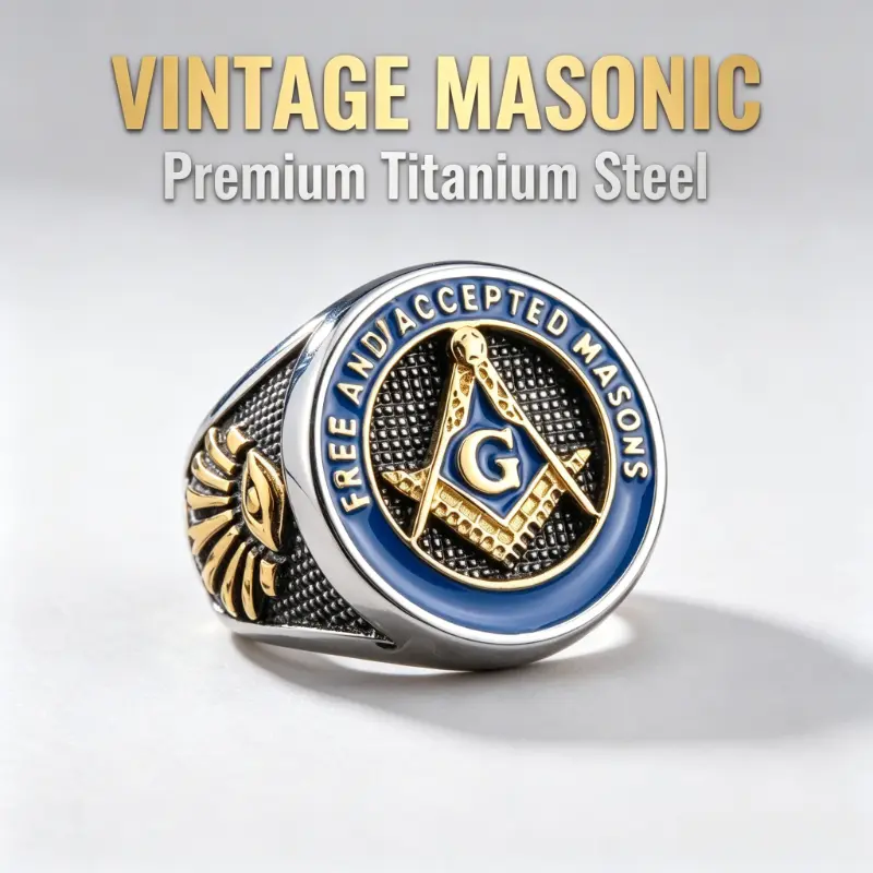 Men's Premium Master Mason Stainless Steel Ring - Anti-Tarnish AG-Coated Hip Hop Punk Jewelry with Gift Box, Freemason Symbol Gift for Brothers, Fashion Costume Accessory Rings, Stainless Steel Tarnish-Resistant Rings