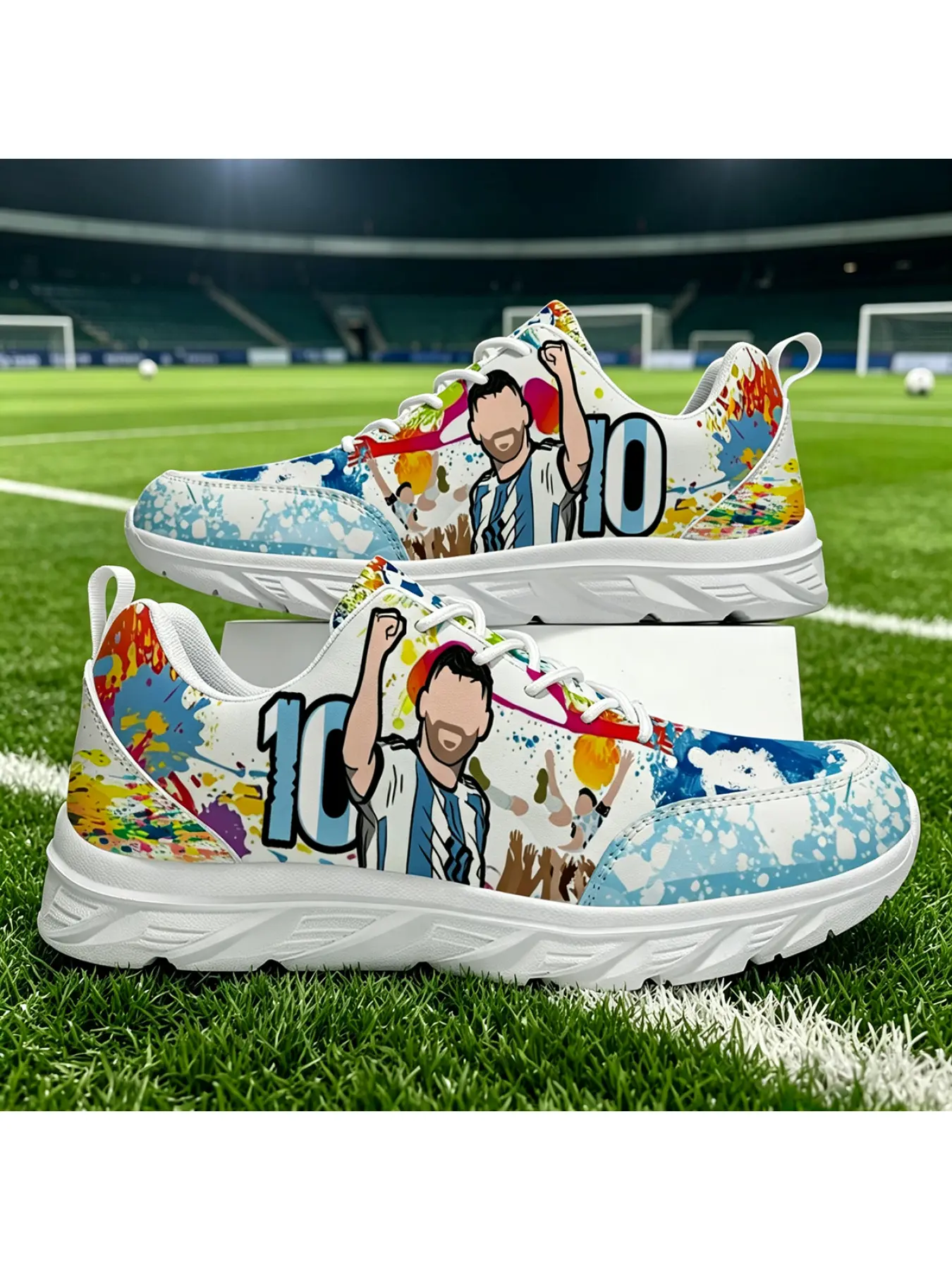 Football Match Argentina 10 GOAT Printing Shoes Sports Football Shoes Man Woman Breathable Personalized Design Lace Up Shoes Versatile For Daily Outings Slip Resistant Wear Resistant Trendy Popular Comfortable Walking Board Shoes