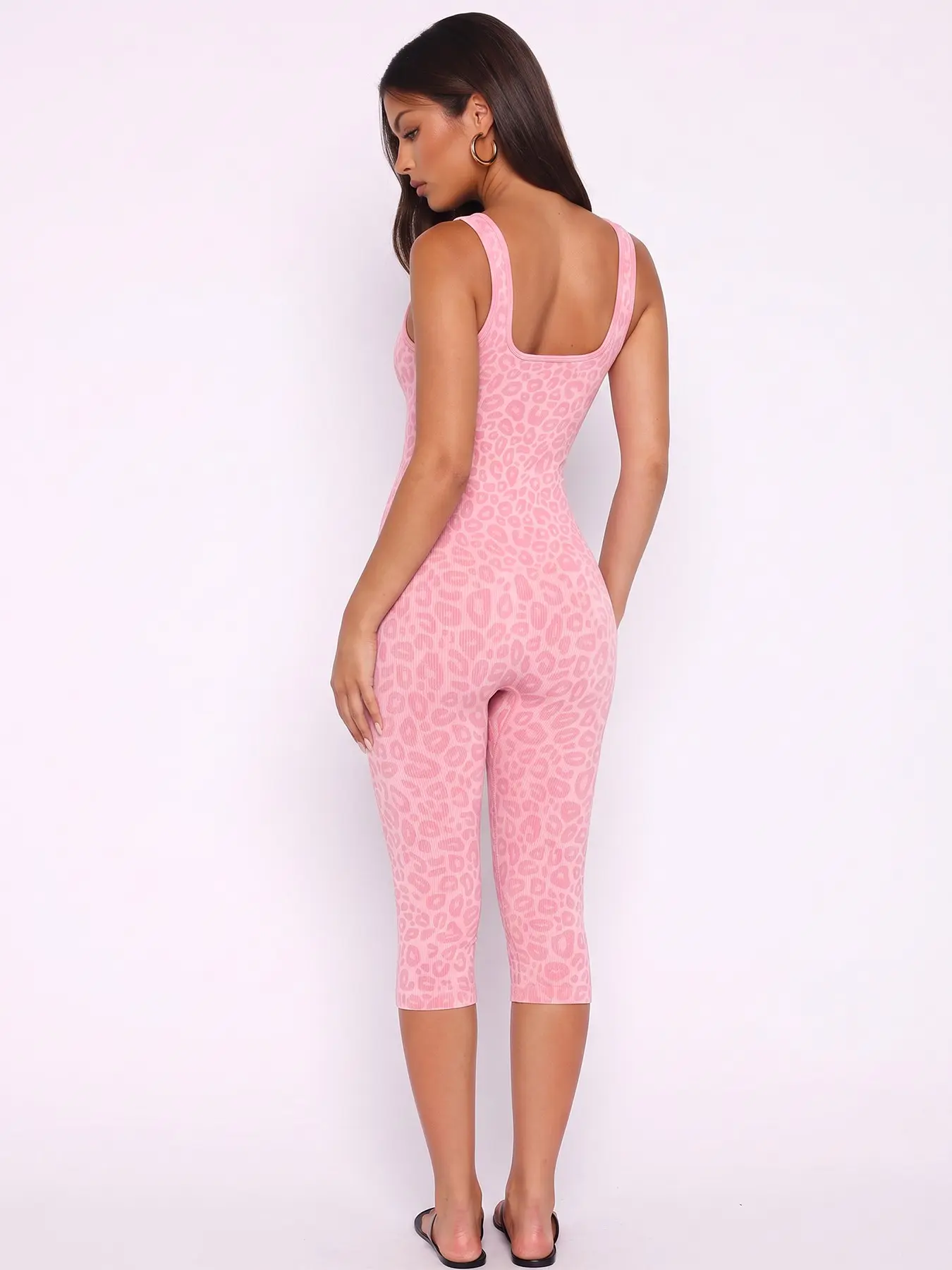 Women's Yoga Leopard Capri Jumpsuit Square Neck Backless Tummy Control Butt Lifting, Workout Shorts Romper Seamless Ribbed Sleeveless Unitard for Gym Workout Sports
