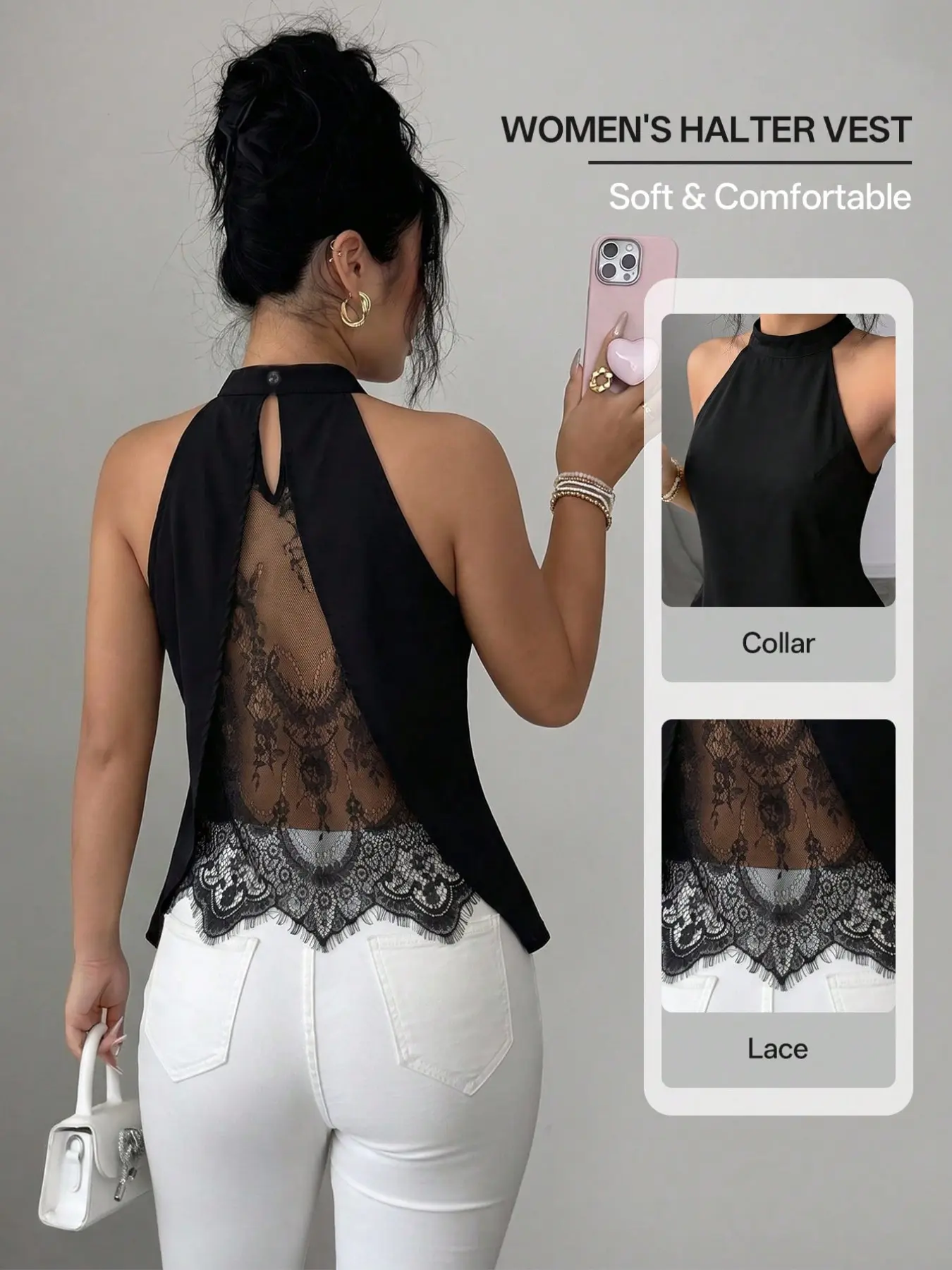 Women's halter sleeveless vest elegant keyhole button back design sheer floral lace spliced split back hem tailored slim‑fit cut exquisite spicy‑girl aesthetic soft & comfortable fabric ideal for daily casual outings hangouts street looks dates a