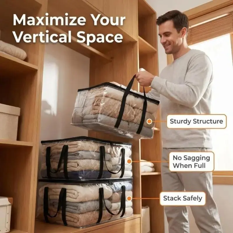 Large Transparent Thick Plastic Storage Box with Hinged Lid, Heavy-Duty Durable High-Capacity Clear Storage Bins for Home Camping Travel Attic Moving