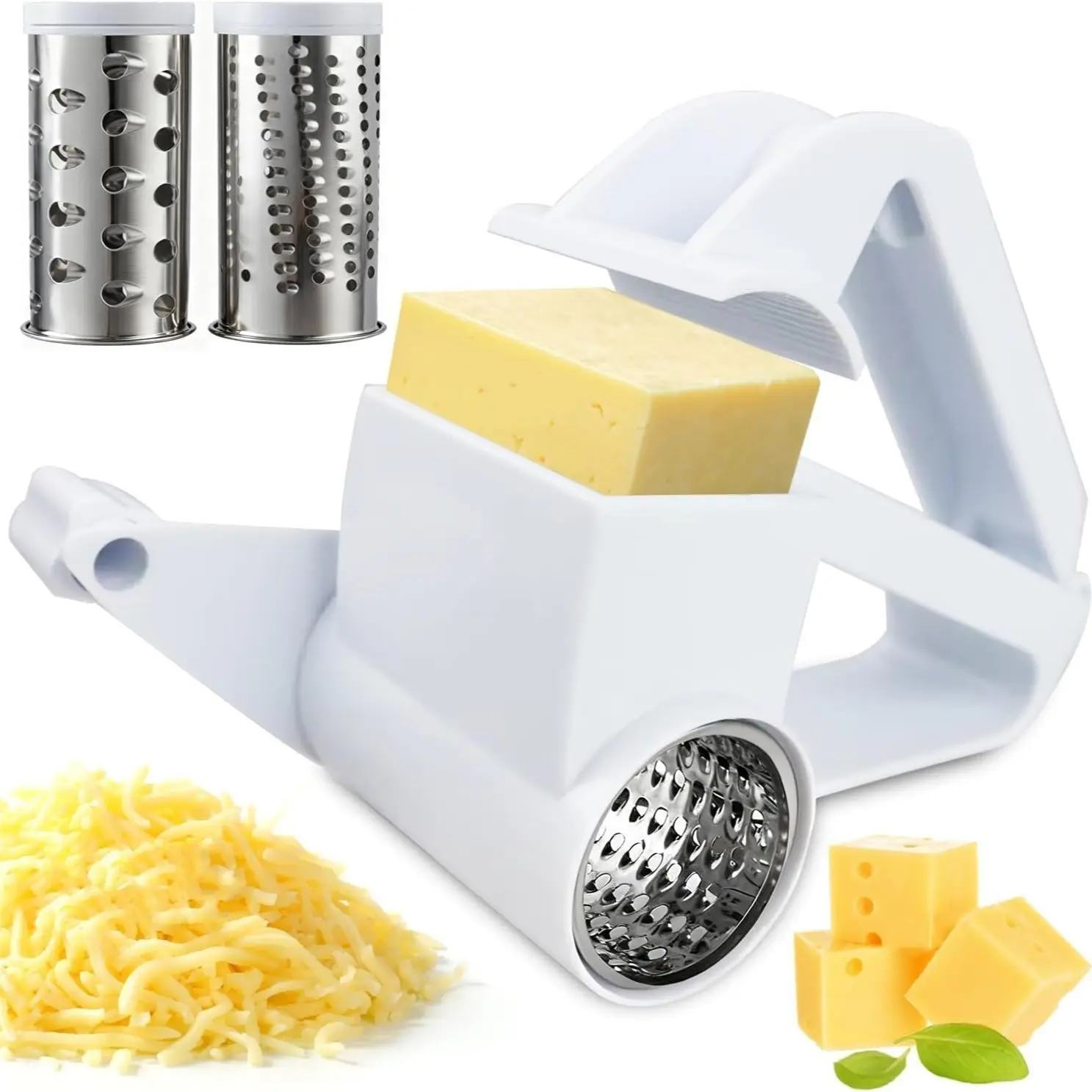 Handheld Rotary Dual Drum Cheese Grater with Fine & Coarse Drums, Stainless Steel & Abs, Dishwasher Safe, Includes Extra Handle, Ideal for Cheese Nuts Chocolates
