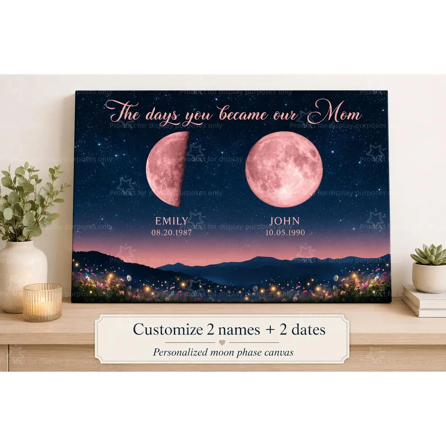 Custom Mom Moon Canvas Wall Art, Personalized 2 Names 2 Dates Mother Gift, Bedroom Living Room Decor, Decorative Poster, Poster Print, Unframed Canvas Poster or Framed Canvas Wrap